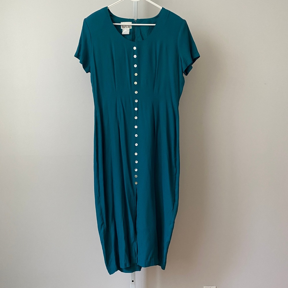 VTG Nina Piccalino Office Siren Academia Button Front Midi Dress 10 Teal